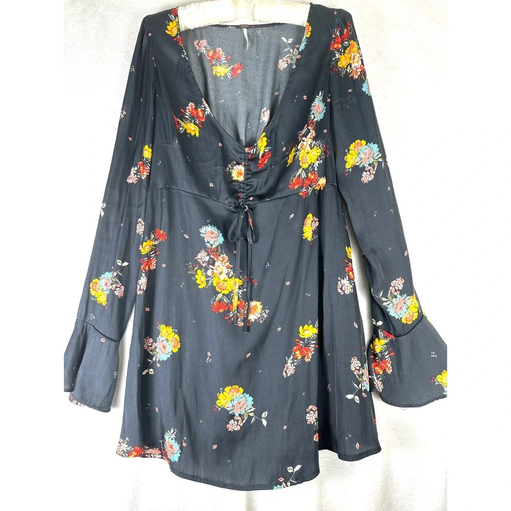 Free People Floral Mini Dress S Black Boho Romantic Whimsigoth Witchy Festival